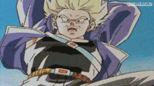 a close up of a cartoon character with a purple jacket on .