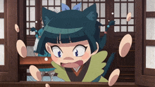 a cartoon of a girl with a cat 's ears looking out a window