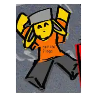 a cartoon character wearing an orange half life 2 logo shirt