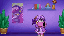 a cartoon character is standing in front of a purple wall with a picture on it