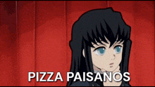 a girl with long black hair and blue eyes is standing in front of a red curtain with the words pizza paisanos on it .