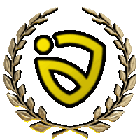 a gold laurel wreath with a yellow shield in the middle
