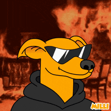 a cartoon of a dog wearing sunglasses and a black hoodie with the name milli on the bottom