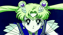a drawing of a girl with green hair and a purple heart on her forehead