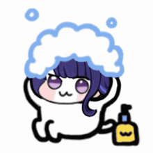 a girl with purple hair is taking a bath with foam on her head .