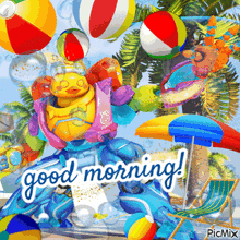 a picture of a duck on a beach with the words good morning
