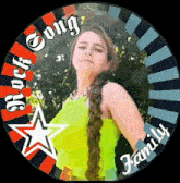 a picture of a woman with the words rock song family