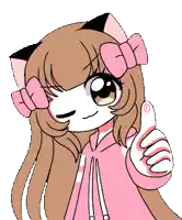 a drawing of a girl with a cat ear and a pink bow on her head giving a thumbs up