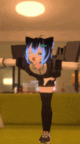 a girl with a cat ear and blue hair is standing on a green couch