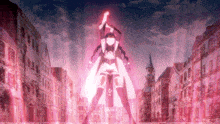 a girl in a white cape is standing in front of a castle