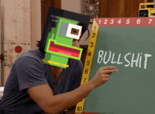 a man with a pixelated face is writing bullshit on a board
