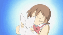 a cartoon girl is reading a piece of paper with a surprised look on her face