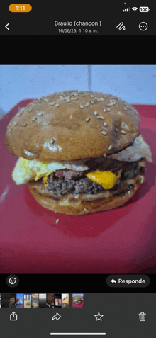 a phone screen shows a picture of a hamburger