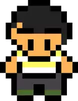 a pixel art drawing of a man with a mustache and a yellow and black shirt .