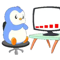 a penguin with a dollar sign on its face sits in front of a computer monitor