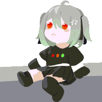 a drawing of a girl with green hair and red eyes has a note on her head