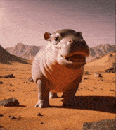 a baby hippopotamus standing in a desert with its mouth open