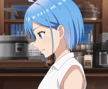 a girl with blue hair is standing in front of a kitchen