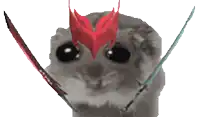 a hamster wearing a red crown and two swords on its head