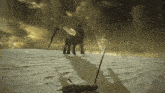 a shadow of a person holding a sword is cast on the sand