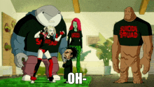a group of cartoon characters wearing suicide squad shirts are standing in a room
