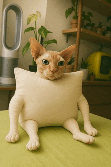 a cat is laying on a pillow that looks like it has arms