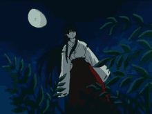 a woman in a kimono stands in front of a full moon in a dark forest