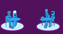 a blue cartoon character with glasses and a hat is smiling
