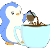 a blue and white penguin pouring coffee into a blue cup