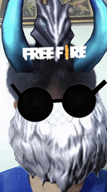 a person wearing sunglasses and horns with the word free fire written on it