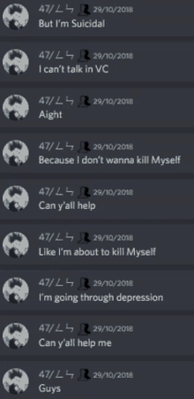 a screenshot of a conversation between a man and a woman with the man saying but i 'm suicidal