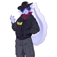 a drawing of a person wearing a cowboy hat and holding a flower