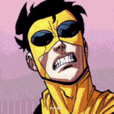 a close up of a cartoon character wearing a yellow mask and sunglasses