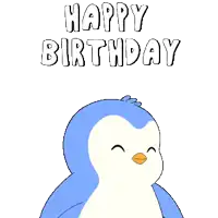 a penguin holding balloons with the words happy birthday above it