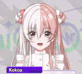 a girl with half white and half pink hair has the name kokoa above her head