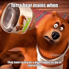a cartoon bear is holding a container of yummy cereal ..