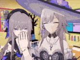 two anime girls are standing next to each other in a room