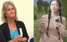 a woman holding a wii controller next to a picture of a woman in a dress