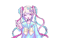 a pixel art drawing of a girl with pigtails and a peace sign