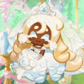 a cookie in a wedding dress is crying