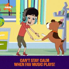 a cartoon of a boy with headphones and a dog with the words " can 't stay calm when fav music plays "