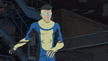 a cartoon character with a surprised look on his face is wearing glasses and a blue and yellow suit