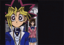 a boy and a girl are standing next to each other and the girl is wearing a pink school uniform