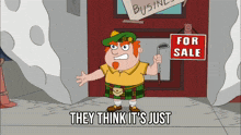 a cartoon character is standing in front of a sign that says for sale