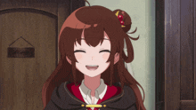 a girl with brown hair is smiling in front of a wooden sign that says " way "