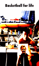 a poster for basketball for life shows a man holding a picture of himself