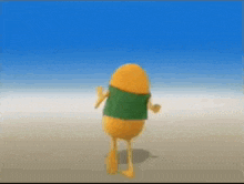 a cartoon character with a green scarf around his neck is walking on a beach .
