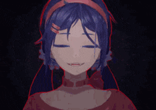 a girl with blue hair and a red headband looks at the camera