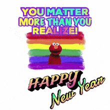a happy new year greeting card with elmo and a rainbow background