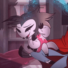 a cartoon character is sitting on a person 's lap and looking at the camera